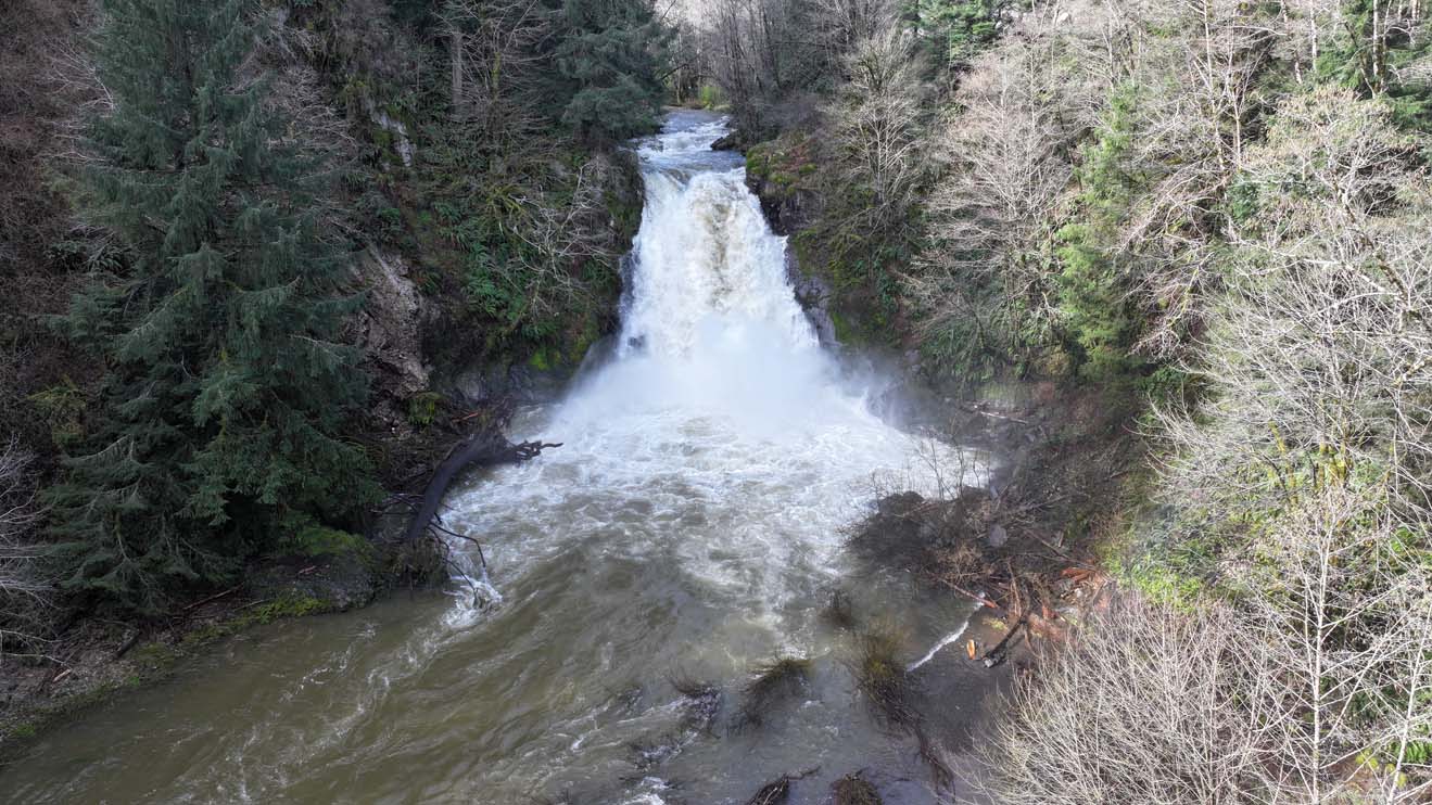Drone view of Young's River Falls, Oregon